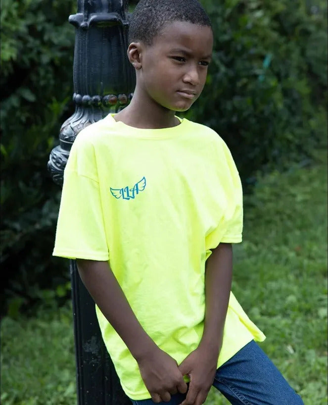 Kids Signature Logo V2 T Shirt In Neon Green/Royal Blue